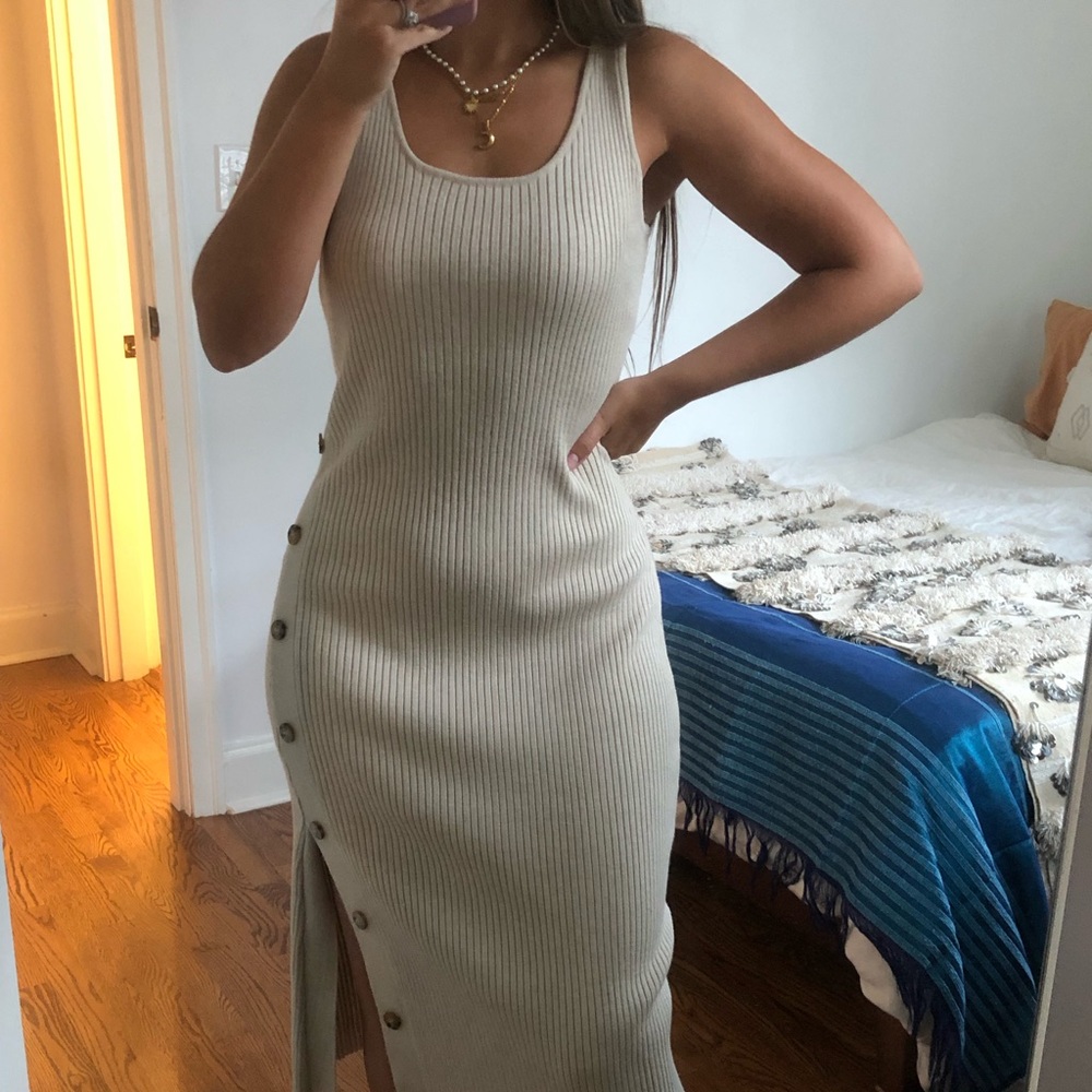 Neutral beige knit fitted midi dress
